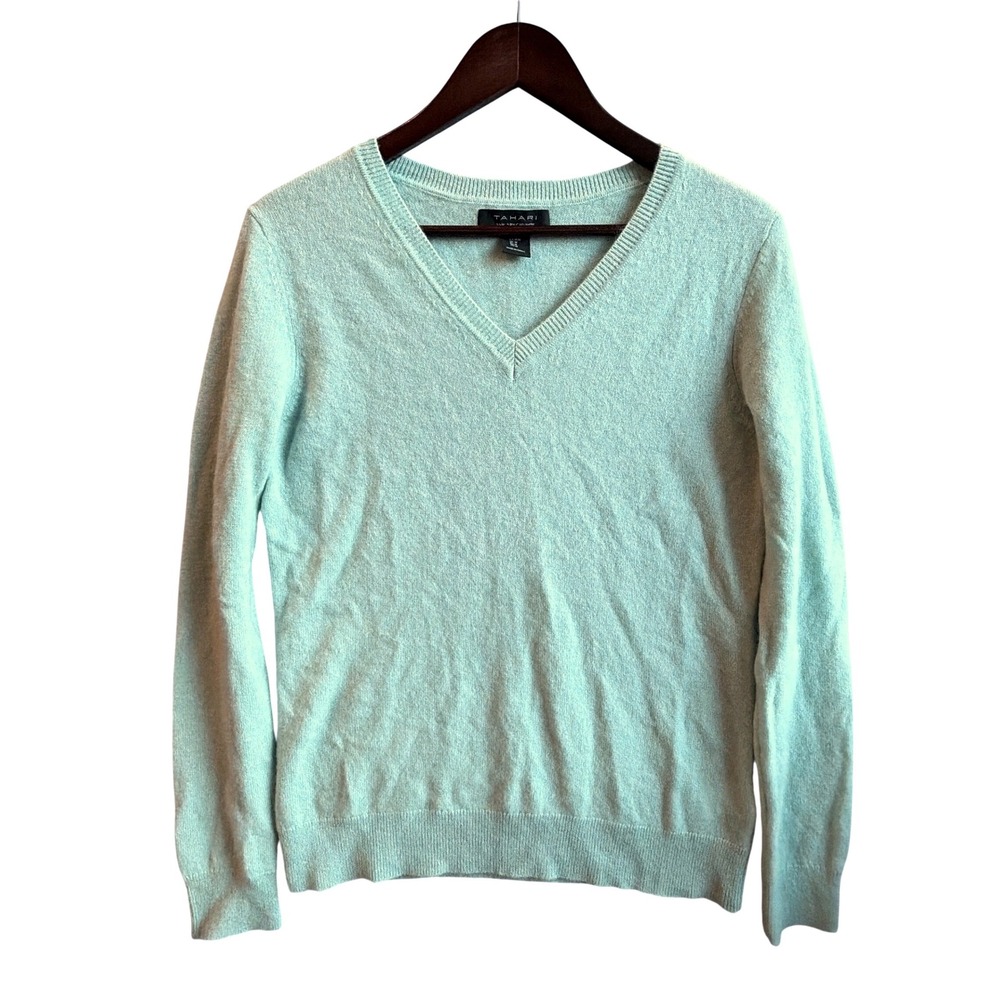 Tahari V-Neck Cashmere Sweater Womens M Mint Green Quiet Luxury Preppy Soft Cozy